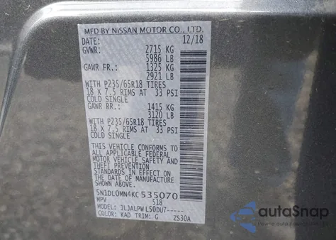 2019 Infiniti Qx60 Pure from USA, damaged, VIN 5N1DL0MN4KC535070